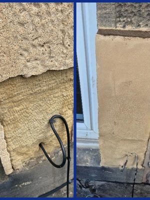 Cracked and weathered sandstone before and after repair